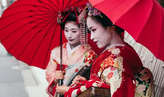 Maiko geishas walking on a street of Gion