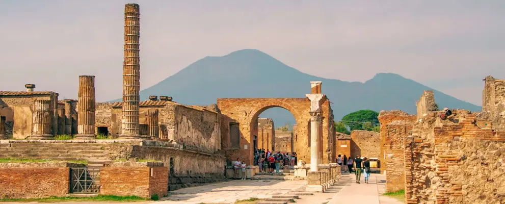 Ruins of Pompeii with Mount Vesuvius, near Naples. One of the main tourist attractions in Italy.